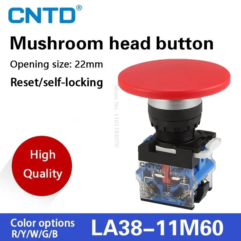 CNTD Momentary Big 60mm Mushroom Cap Push Button Switch Self Reset No Lock Round 1NO1NC Silver Contact Button  22mm LA38-11M/60