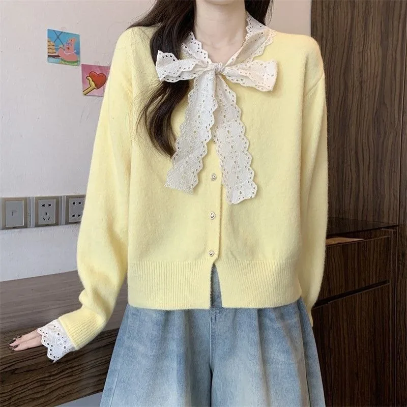 Sweet French Patchwork Vneck Lace Bowknot Women Short Knit Cardigan Long Sleeve Spring Autumn Fashion Top Wear To Work
