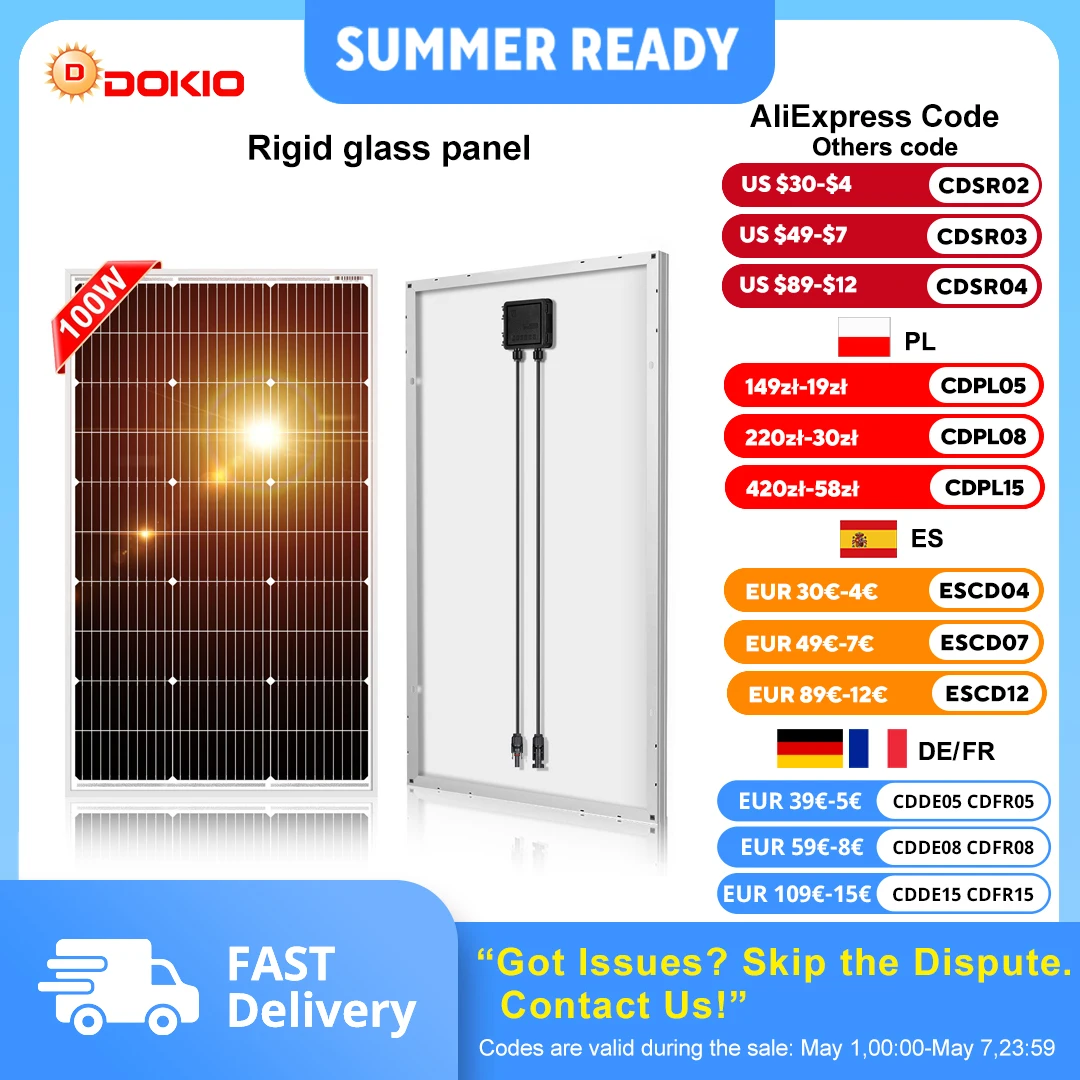 DOKIO 18V 100W-200W panneau solaire rigide chine panneau solaire étanche en silicium monocristallin # DSP-100M/DSP-100MX2 Camping/maison/RV