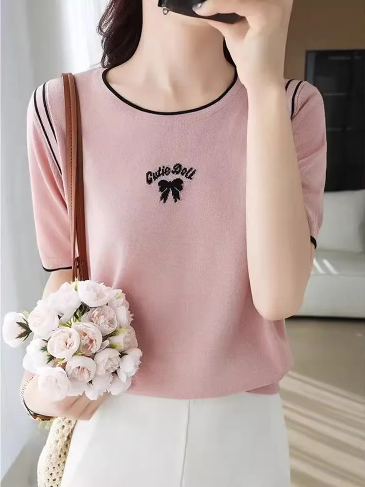 

Summer Ice Silk f Sve Knitted T-irt Women Loose Slimming Overhead Thin Base irt ort Sve Top round Ne