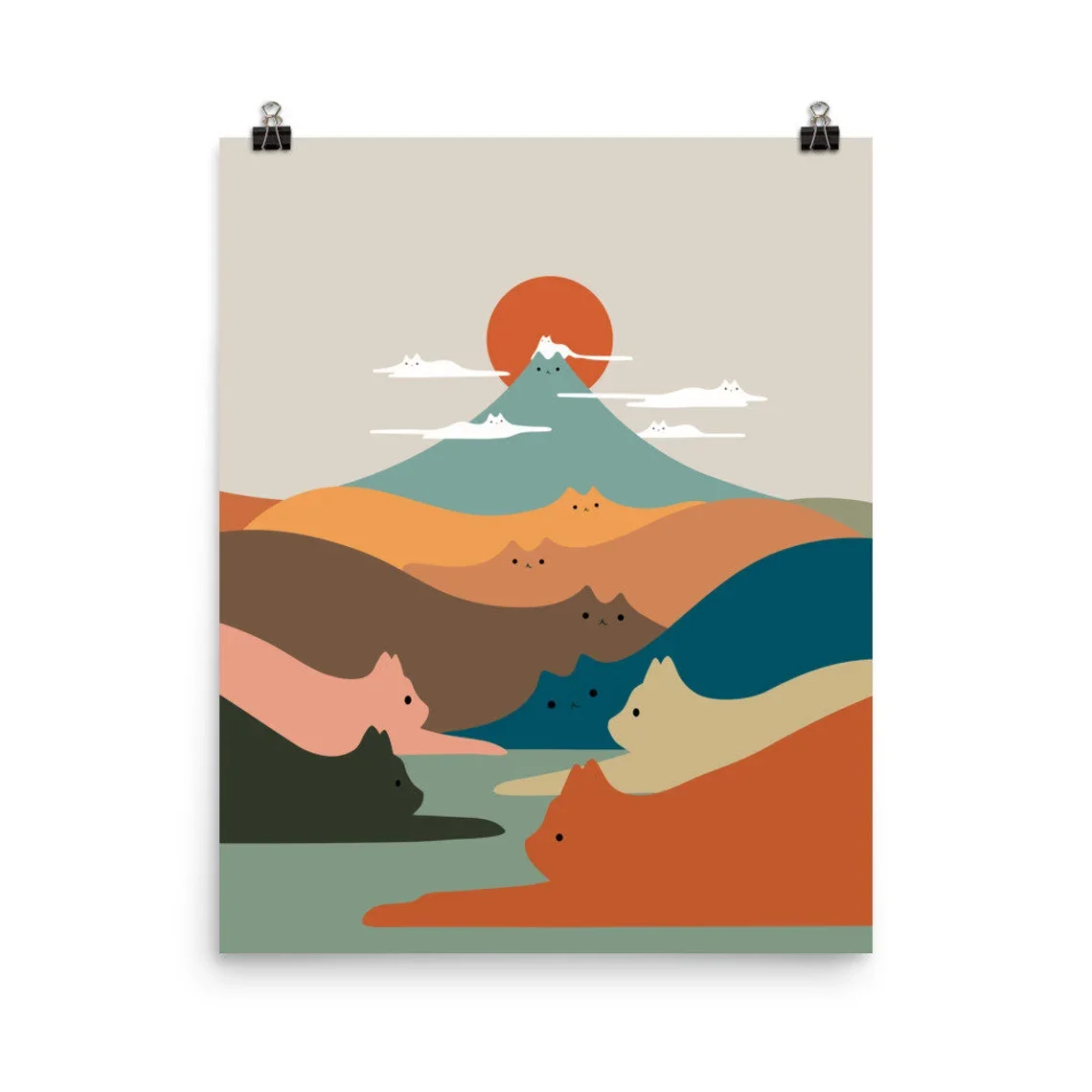 Serene Cat Mountain Landscape Wall Art - Whimsical Print Celebrating Hidden Feline Charm. The Warm Earthy Backdrop and Clever Ca