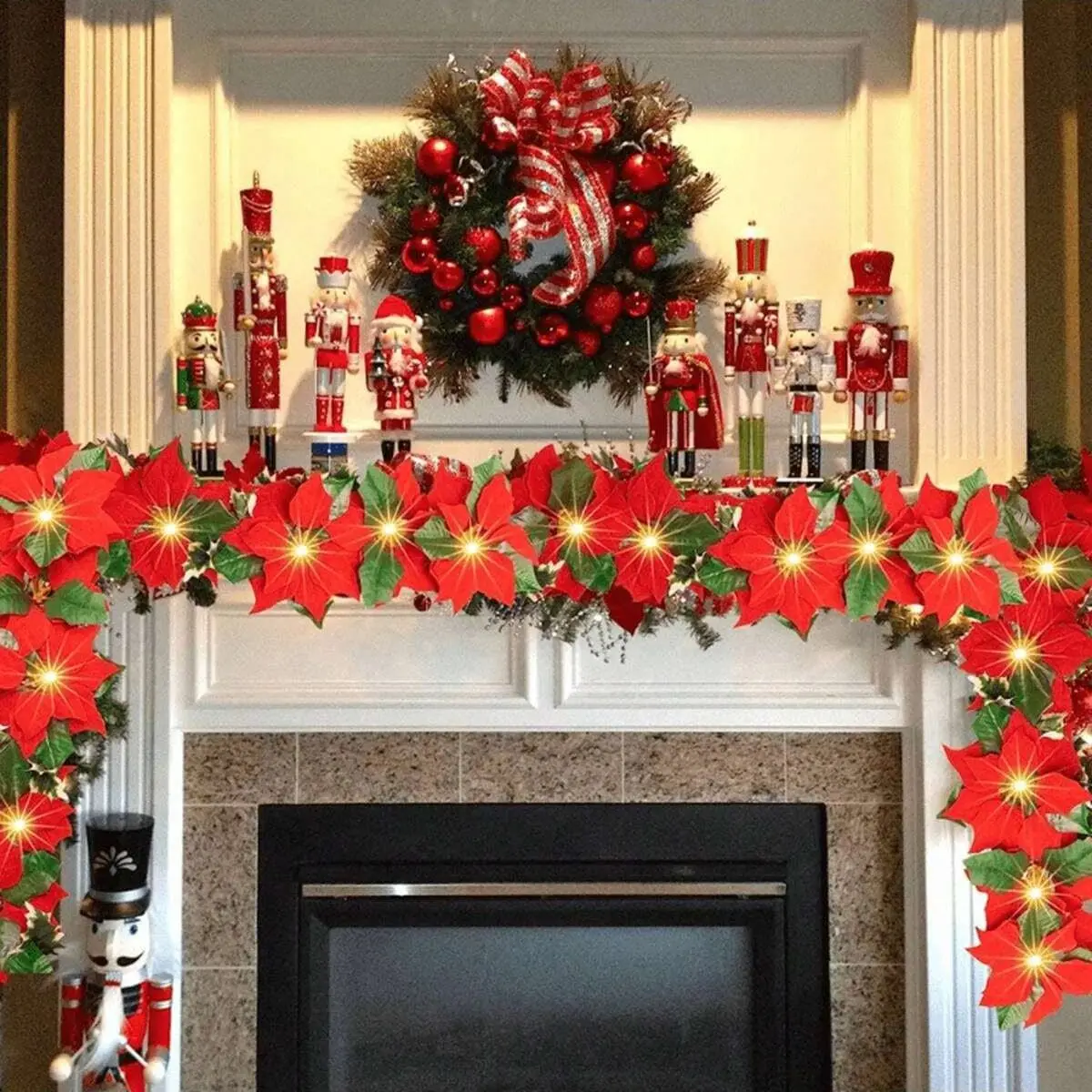 1PC 10/20 LED Poinsettia Christmas Garland Lights With Red Berries & Holly Leaves Battery Operated For Holiday Indoor Xmas Decor