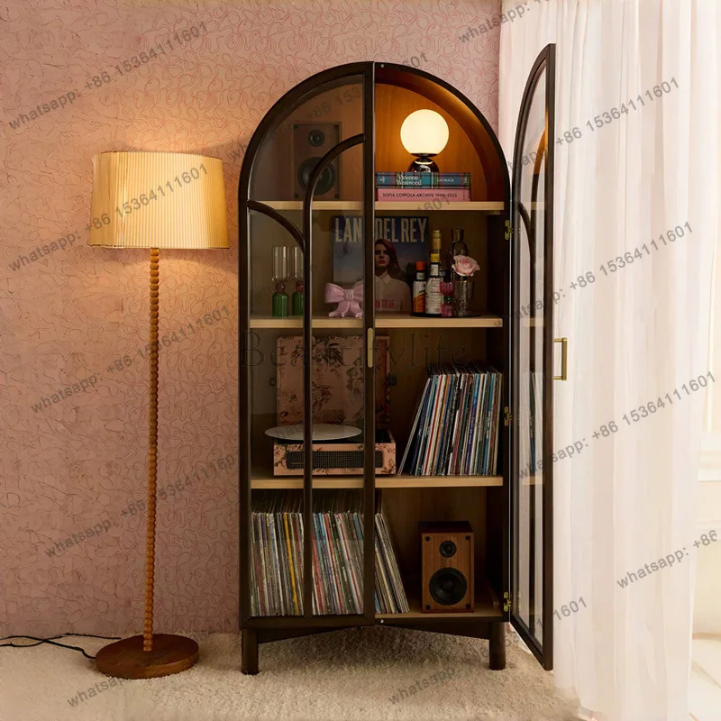 

French retro solid wood bookcase villa living room glass door light luxury wine cabinet