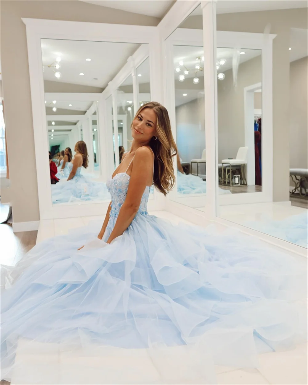 Jessica abiti da ballo blu chiaro ricamato Appliqué Tulle Ruffle Graduate Prom Dress abiti da festa 2024Vestidos De Noche