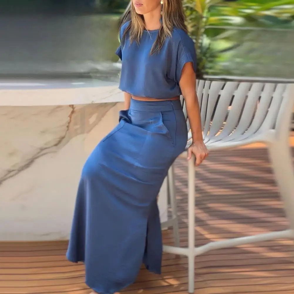 

Crop Top Skirt Set Women's Solid Color Maxi Skirt Set with Short Sleeves Top High Waist Pockets Side Split for Females