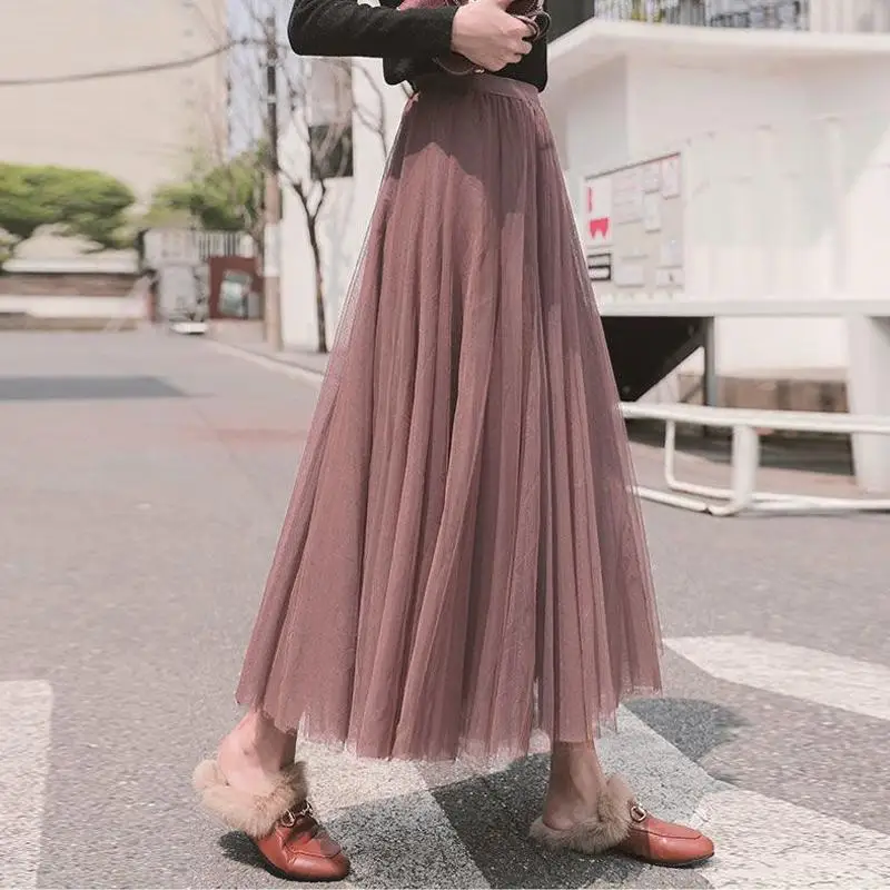 伸縮性ウエスト 3 層メッシュロングスカートエレガントヴィンテージハイウエストボールガウンガーゼチュチュスカート女性ファルダス