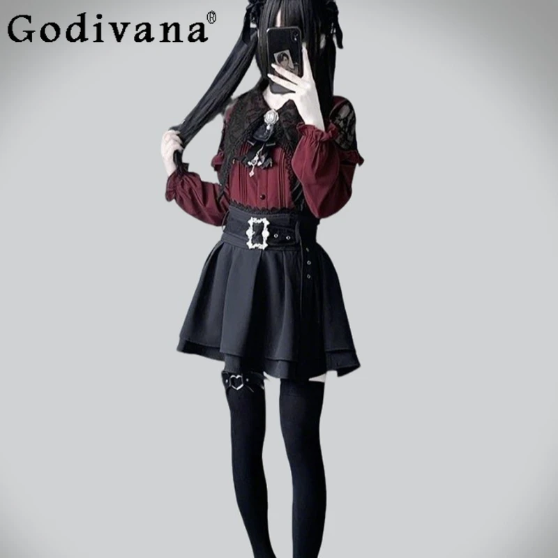 긴팔 셔츠와 블랙 숏 스커트 여성용 레이스업 스윗 투피스 스커트 슈트 여성 일본 스타일 로리타 세트