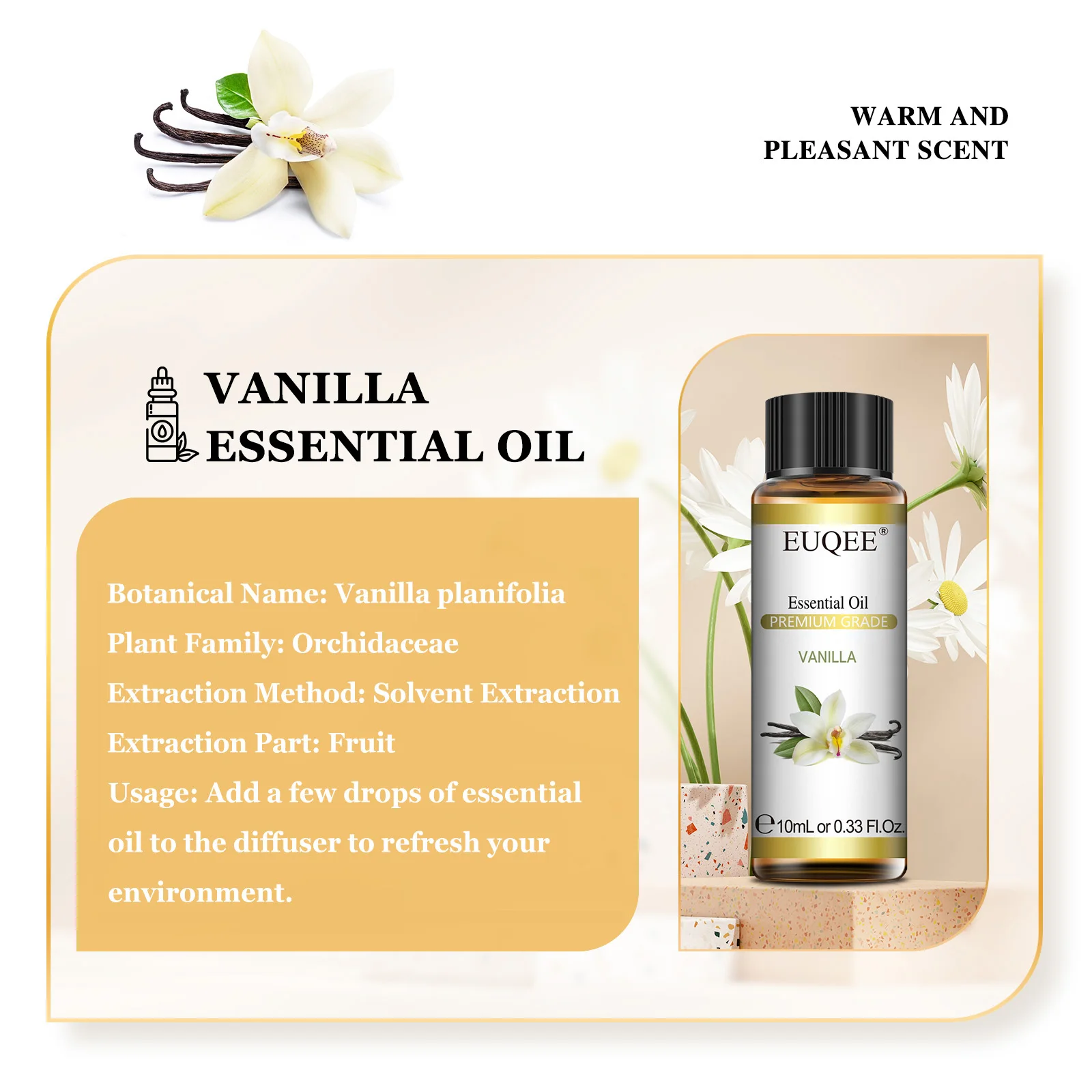 EUQEE 10ml Aromatherapy Essential Oils Vanilla Fragrance for Aromatic Diffuser for Home Long-Lasting Scents