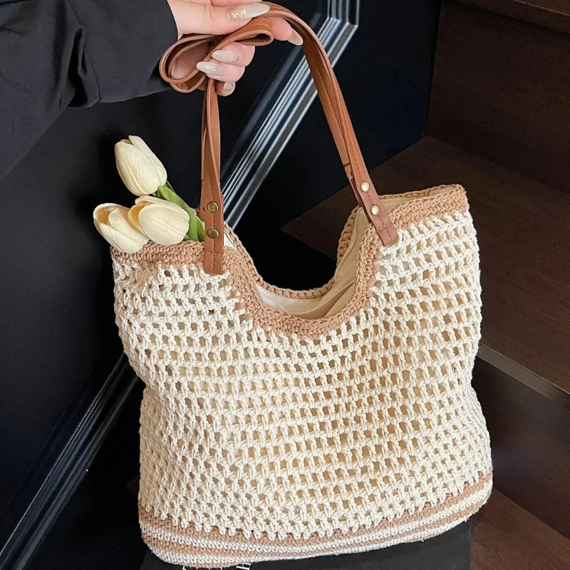 الصيف النساء الجوف خارج النسيج القش حقيبة سعة كبيرة محبوك عطلة حقيبة شاطئية الإناث حقيبة تسوق عادية تخزين حقيبة يد