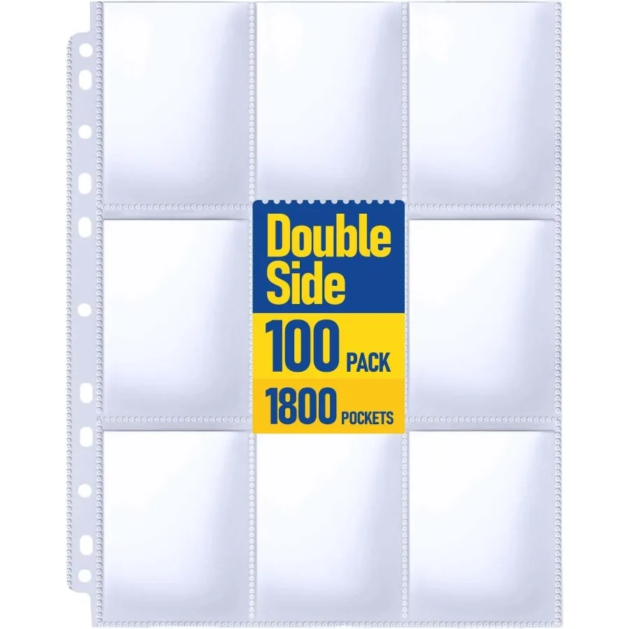 Trading Card Sleeve Pages PANDRI 100 Pack 9 Pocket Trading Card Storage Album Pages 11 Holes Fit 3 Ring Binder