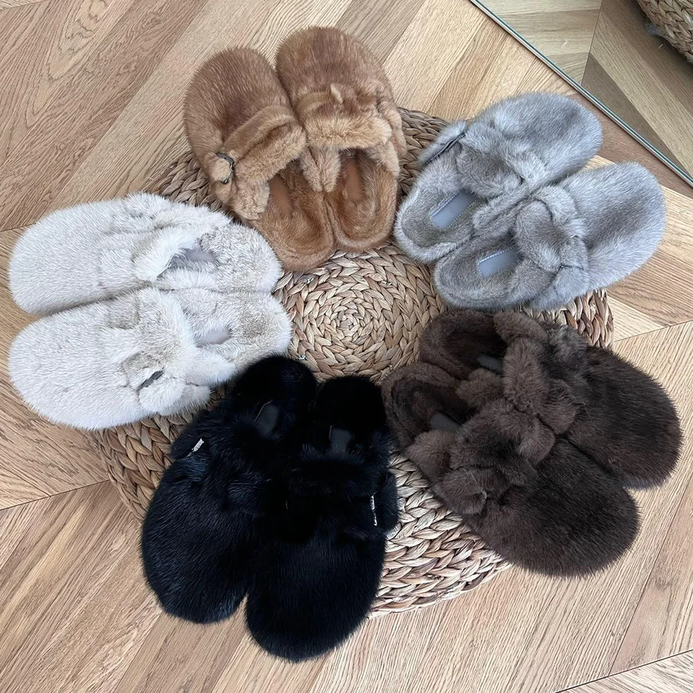 

Women's Mink Fur Slippers For Women Mules and Clogs Shoes Soft Cork Footbed Slippers With Adjustable Strap Comfort Slipon Slides
