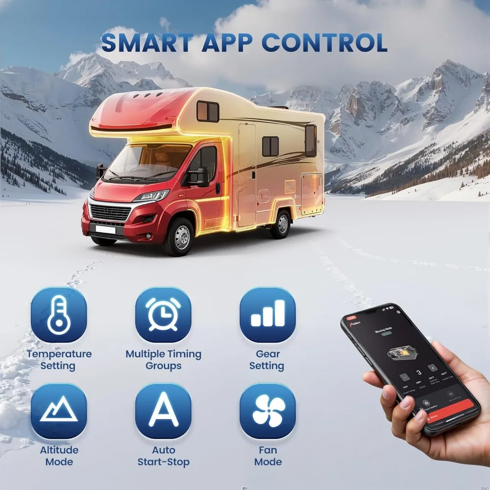 سخان ديزل محمول بقدرة 8 كيلو وات، سخان هواء ديزل HBH2 12 فولت مع التحكم في التطبيق، 10 إعدادات لدرجة الحرارة، يعزز كفاءة حرق 28%