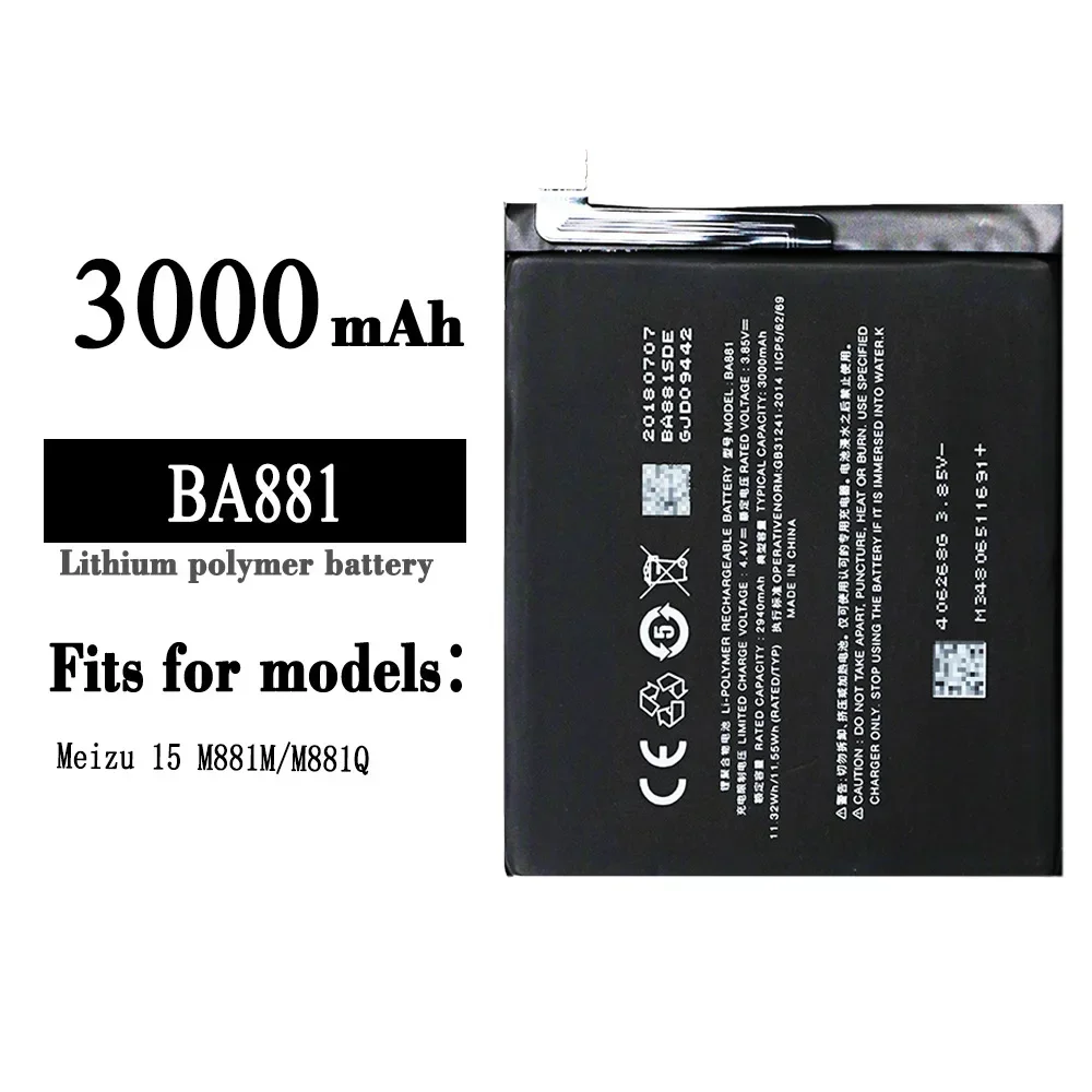 High Quality Replacement Battery For Meizu 15 M881M M881Q BA881 3000mAh Mobile Phone New Lithium Batteries + Tools