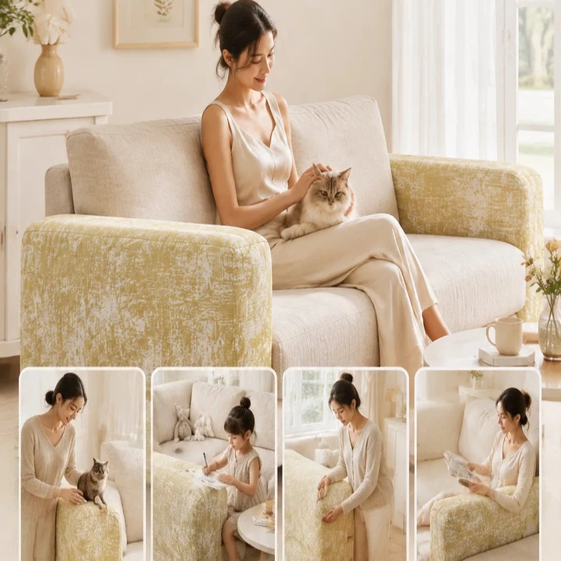 2Pcs Thicken Chenille Sofa Armrest Covers Stretch Elastic Anti‑Cat‑Scratch Couch Arm Slipcover Full Wrap Furniture Arm Protector