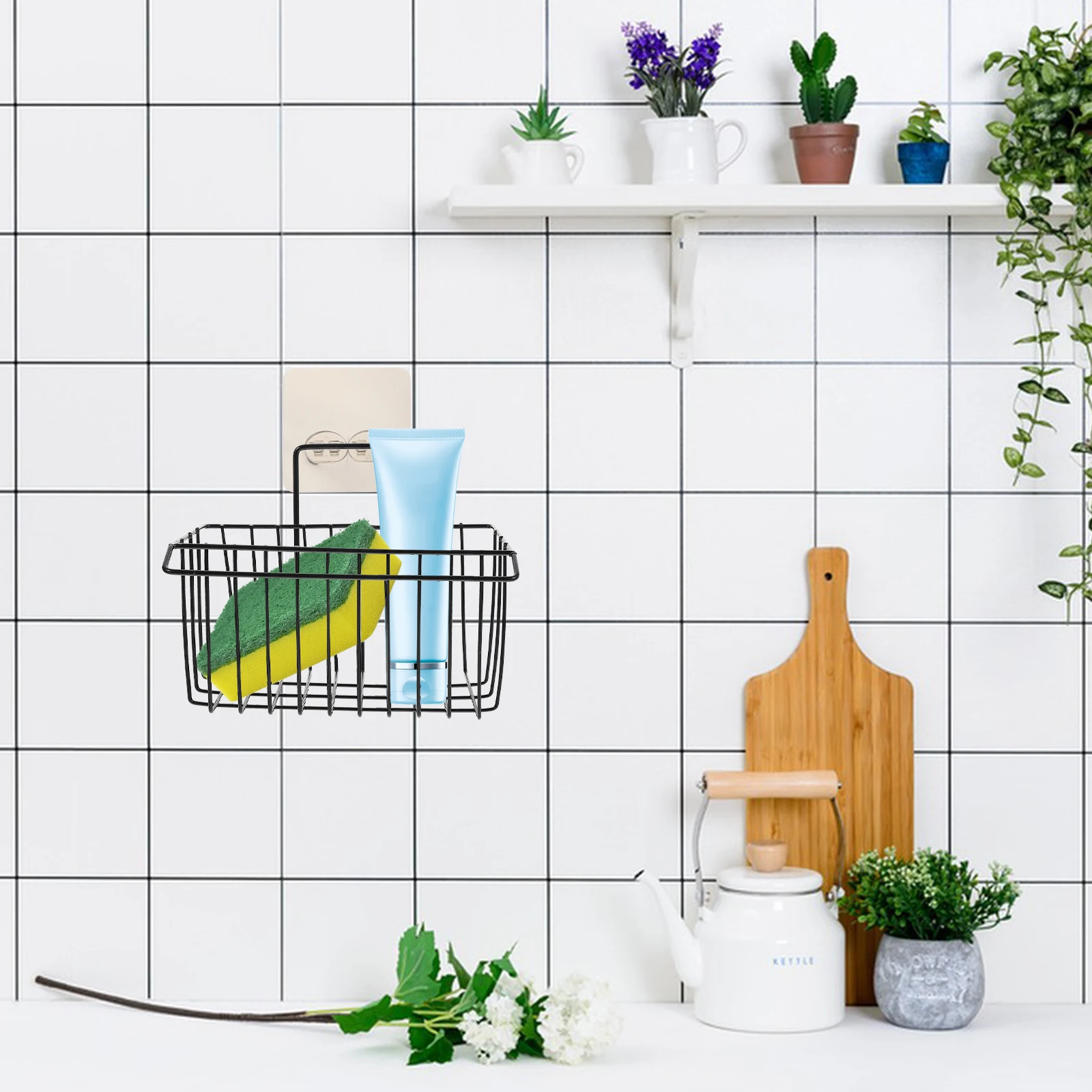 

Iron Hanging Kitchen Sink Basket Wrought Drain Rack for Sponge Brush Storage Organizer Black