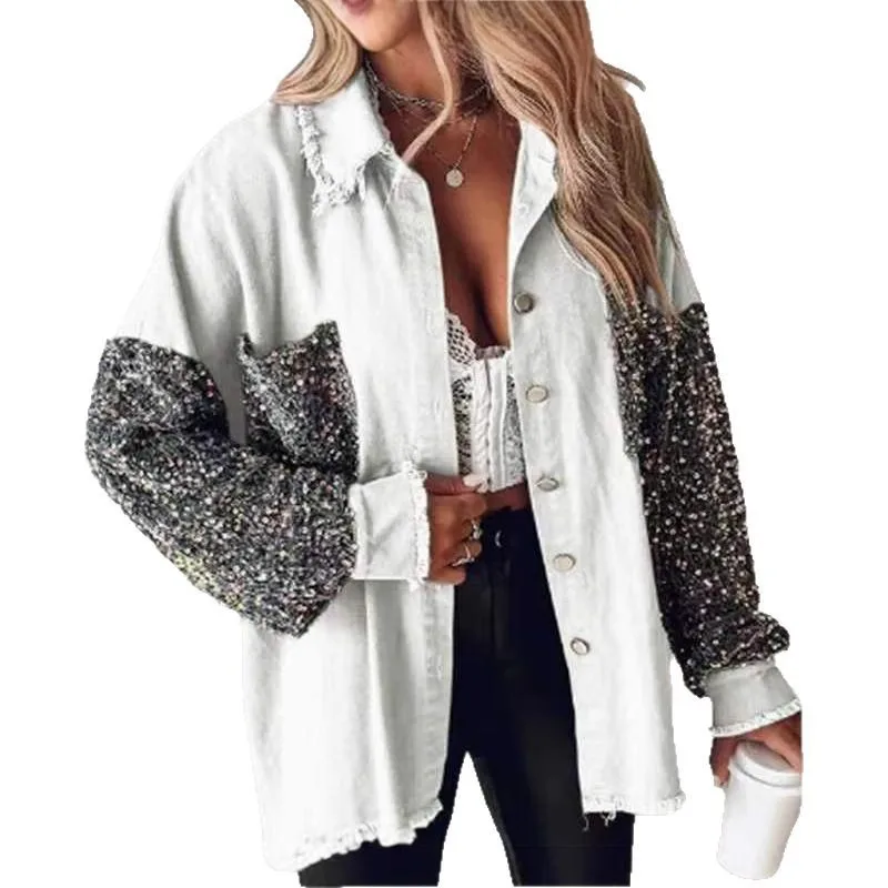 2025 New Spring and Autumn New Loose Casual Sequin Denim Tassel Shirt Jacket Women Clothing