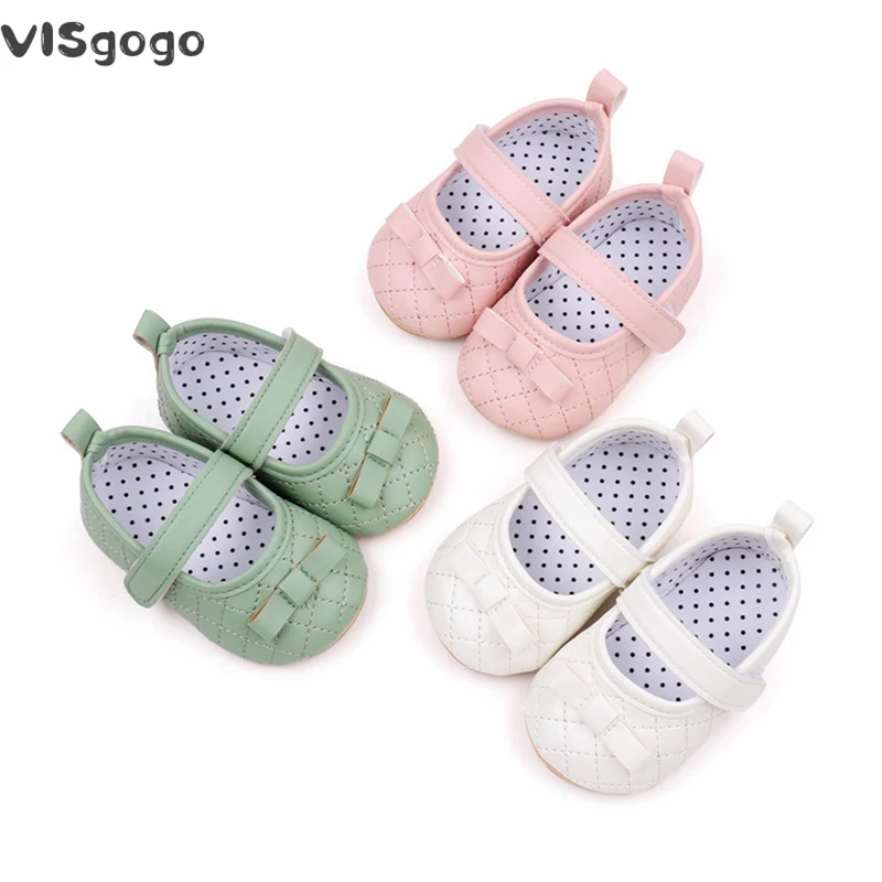 

VISgogo Baby Girl Princess Shoes Bowknot Mary Jane Flats Quilted Crib Shoes with Non-Slip Rubber Sole First Walkers