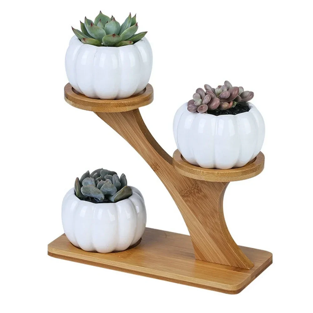 Pumpkin Shape Ceramic Succulent Plant Flower Pot Holder Bamboo Shelf Home Decor