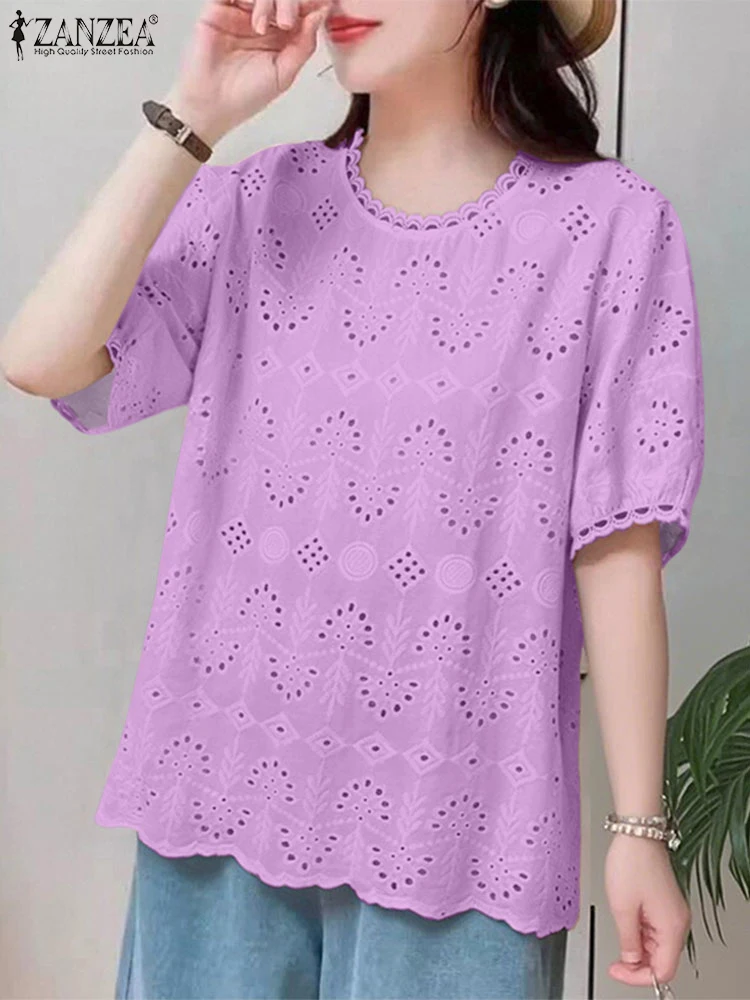 

Лето 2025 г., кружевная вязаная рубашка ZANZEA, женская элегантная рабочая блузка, повседневная блузка с круглым вырезом и коротким рукавом, праздничные блузки, лоскутные топы, туника