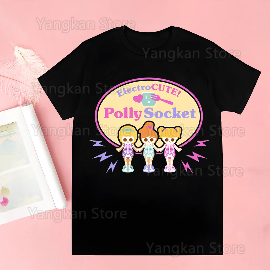 Polly Pocket Cartoon Print T Shirt Women Kawaii Graphic Shirts Casual Short Sleeved Female Tee O-neck Harajuku T-shirts