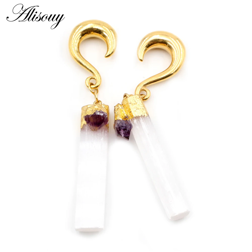 Alisouy 1pc Stainless Steel Wide Ear Weight Hook Natural Stone Dangle Ear Plug Tunnels Expander Stretchers Piercing Body Jewelry