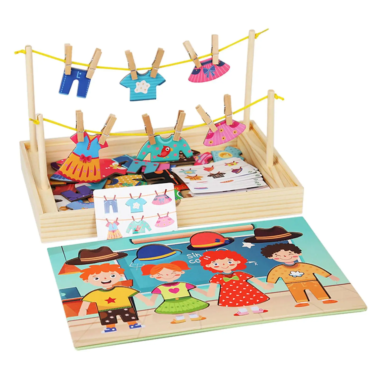 Wooden Dress up Puzzles Durable Learning Activities Drying Clothes Matching Game Pretend Play for Boys Girls Kids Gifts view 2