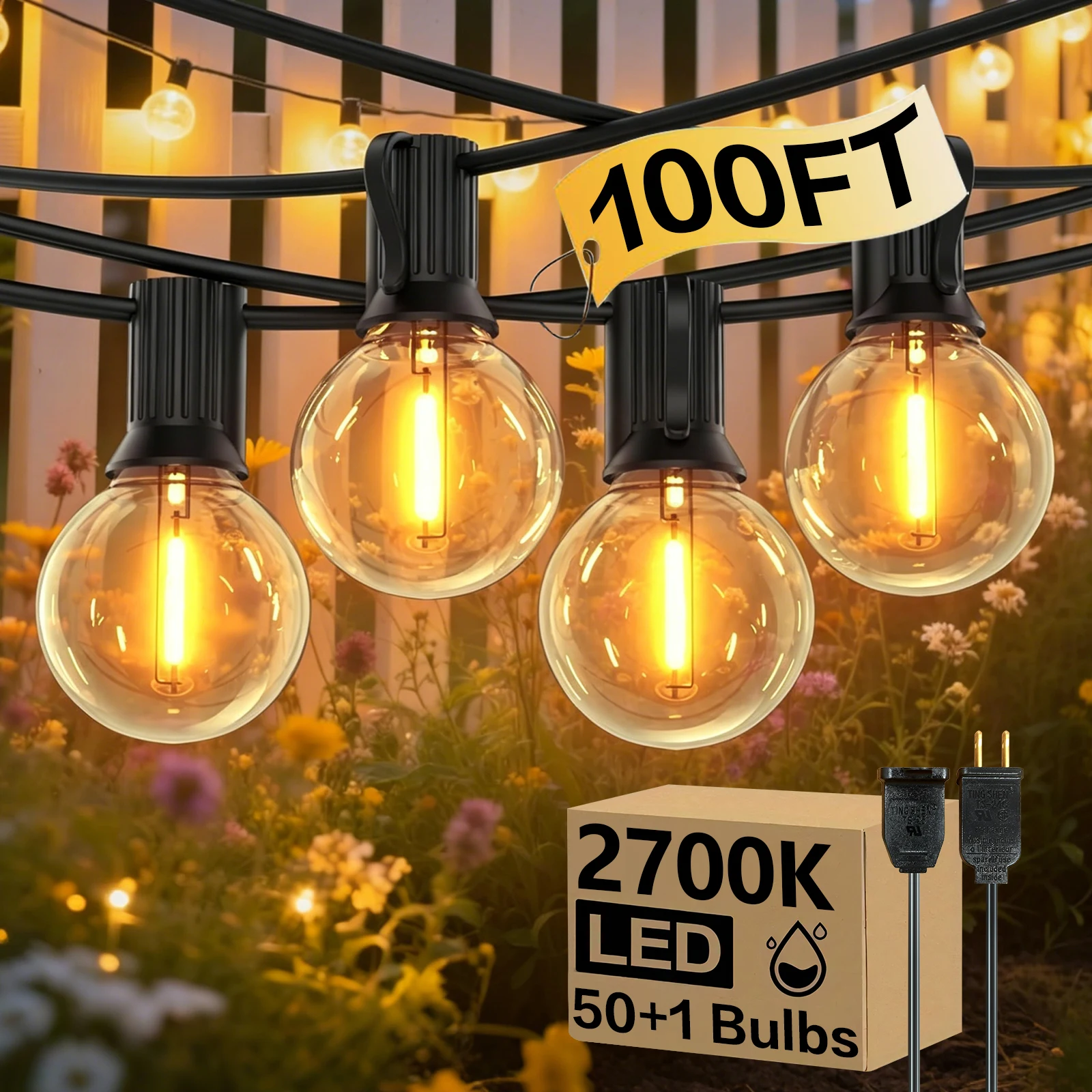 100FT Outdoor String Lights - Shatterproof G40 LED Bulbs, 2700K Warm White,Waterproof Connectable Patio String Lights for Outside Backyard, Wedding & Bistro Party Decor