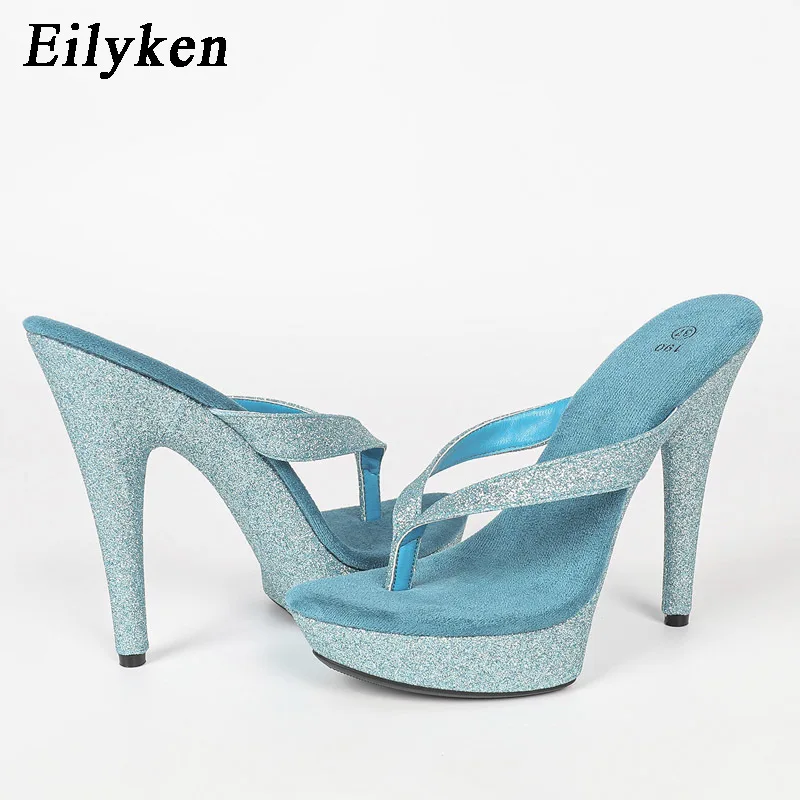 Eilyken Bling Sequin Fabric Women Slippers Fashion Platform Clip Toe Flip Flops Shoes Street Style Thin High Heels Sandals
