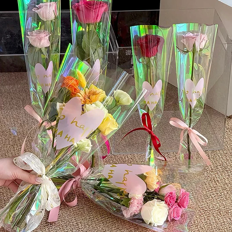 【P】30PCS Love Heart Iridescent Single Rose Sleeves DIY Transparent Flower Wrapping Bag Floral Material Packaging Waterproof