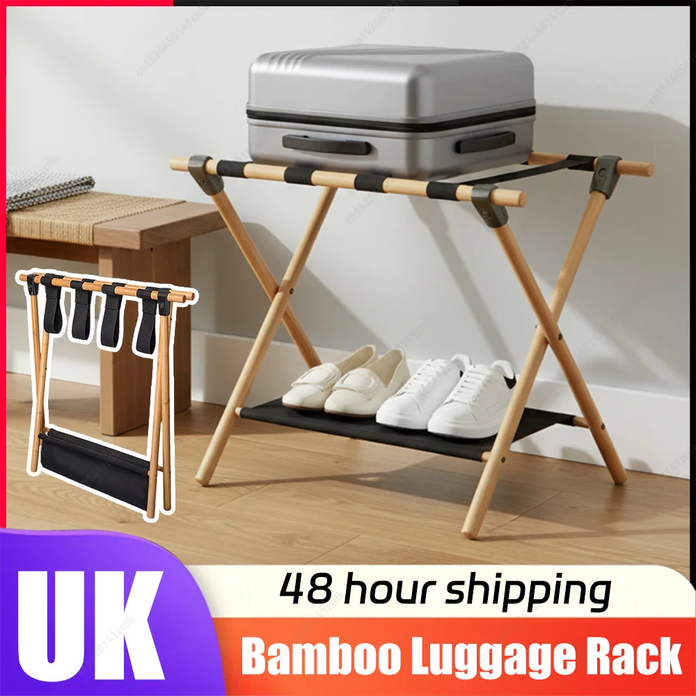 2 Tier Bamboo Luggage Rack Foldable Luggage Stand with Nylon Straps Suitcase Bracket Suitable for Guest Room Bedroom Hotel