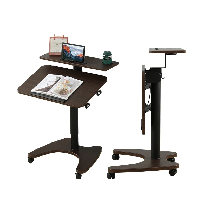 Pneumatic Height Adjustable Home Office Double Layers Foldable Laptop Movable Standing Desk Over Bed Mobile Gas Lift Table