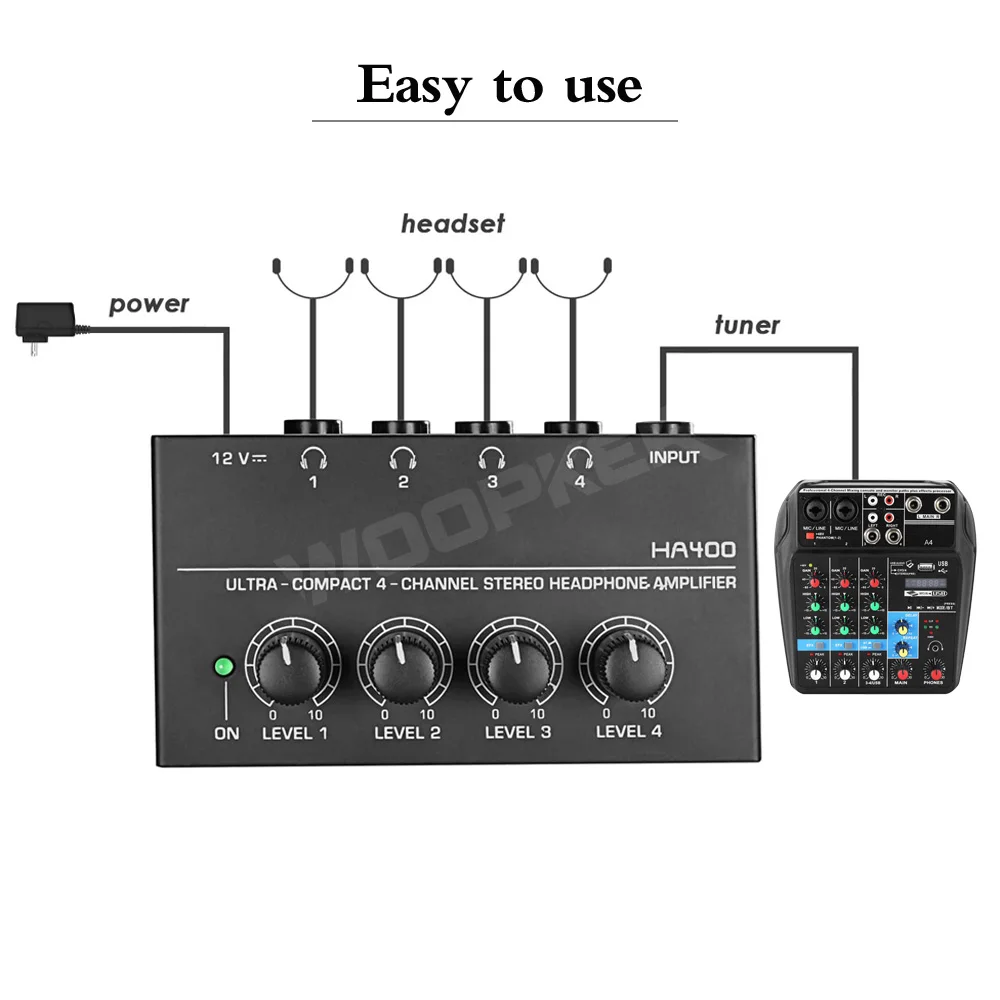 Woopker 4 Kanalen Mini Hoofdtelefoon Versterker HA400 Stereo Audio Versterker Met Power Adapter Oortelefoon Amp