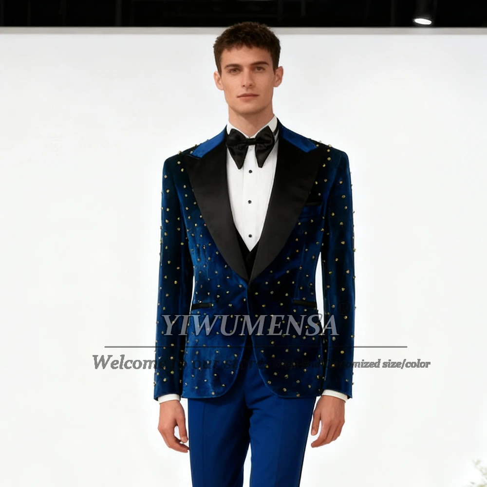 

Элегантный бархатный костюм с золотым жемчугом для мужчин, комплект из 3 предметов, черный пиджак с остроконечными лацканами для выпускного вечера, индивидуальный мужской смокинг для деловой вечеринки