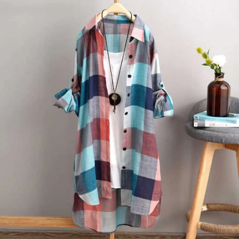 Stylish Sun Plaid Pattern Long Shirt Comfy Roll up Sleeve Buttons Closure Blouses Shirt Turn Down Collar Workwear