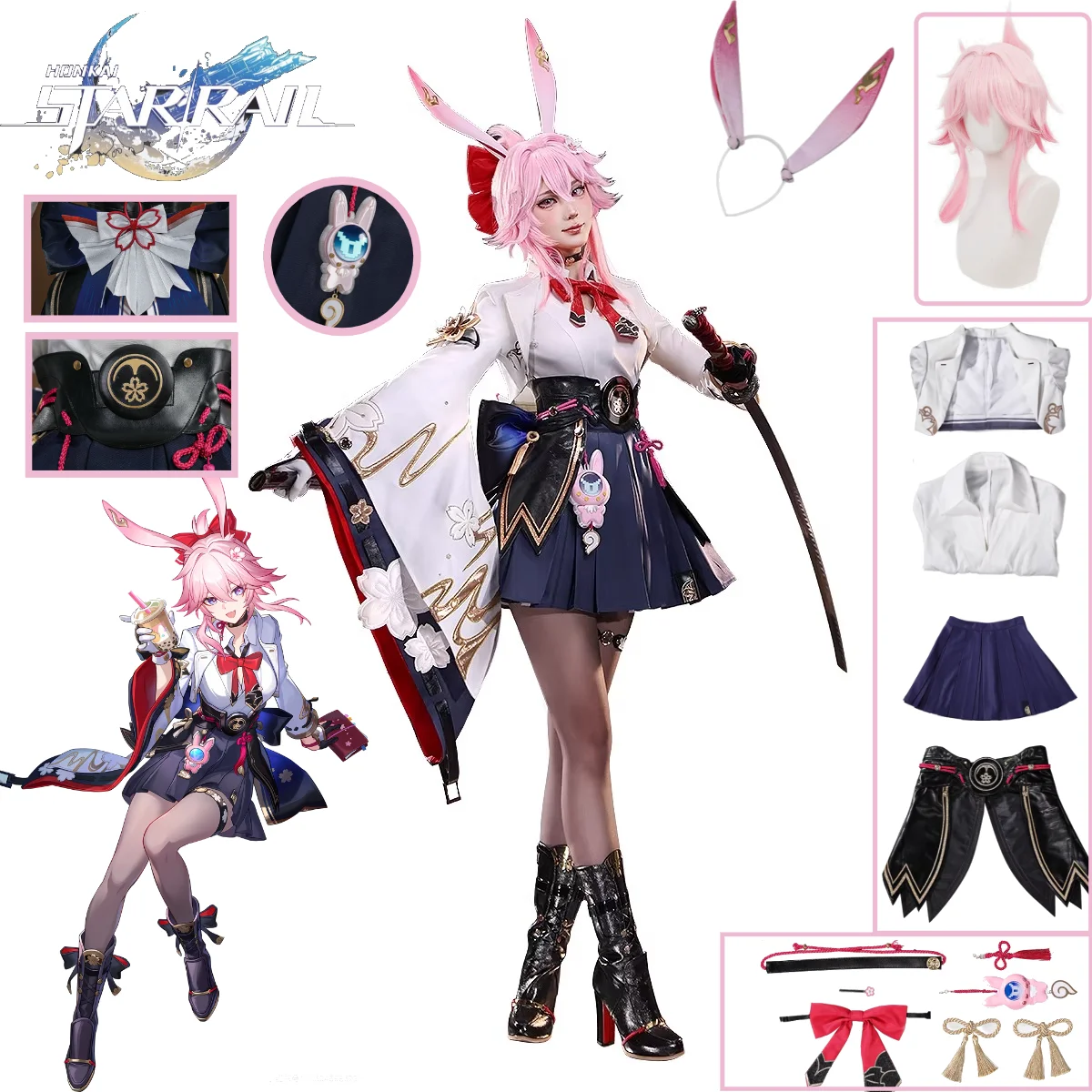 

Honkai: Star Rail Evanescia Cosplay Costume Game Battle Outfit Full Set with Shirt Dress Hair Prop Butterfly Clips Wig Set