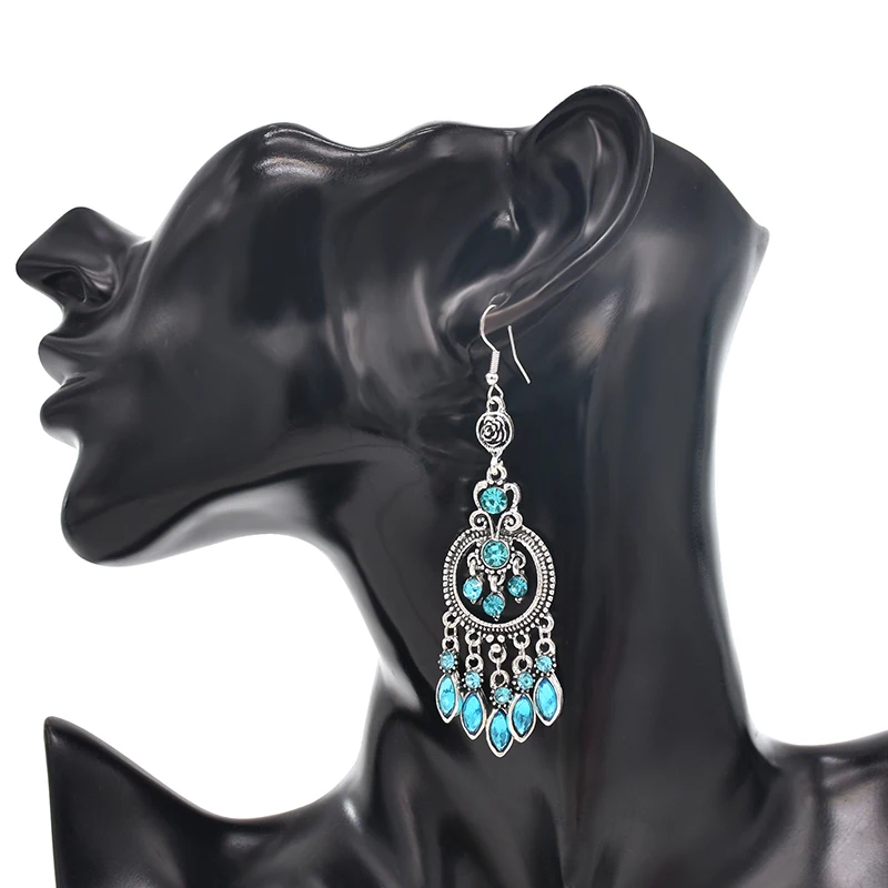 Vintage Ethnic Crystal Tassel Earrings for Women Elegant Boho Long Round Hollow Silver Color Water Drop Earrings Jhumka Jewelry