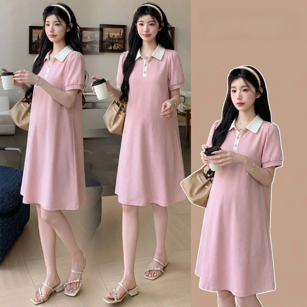 Maternity Dress Summer New Style Loose Polo Collar Short Sleeve Midi Length Comfortable Casual Korean Style Polyester Fabric