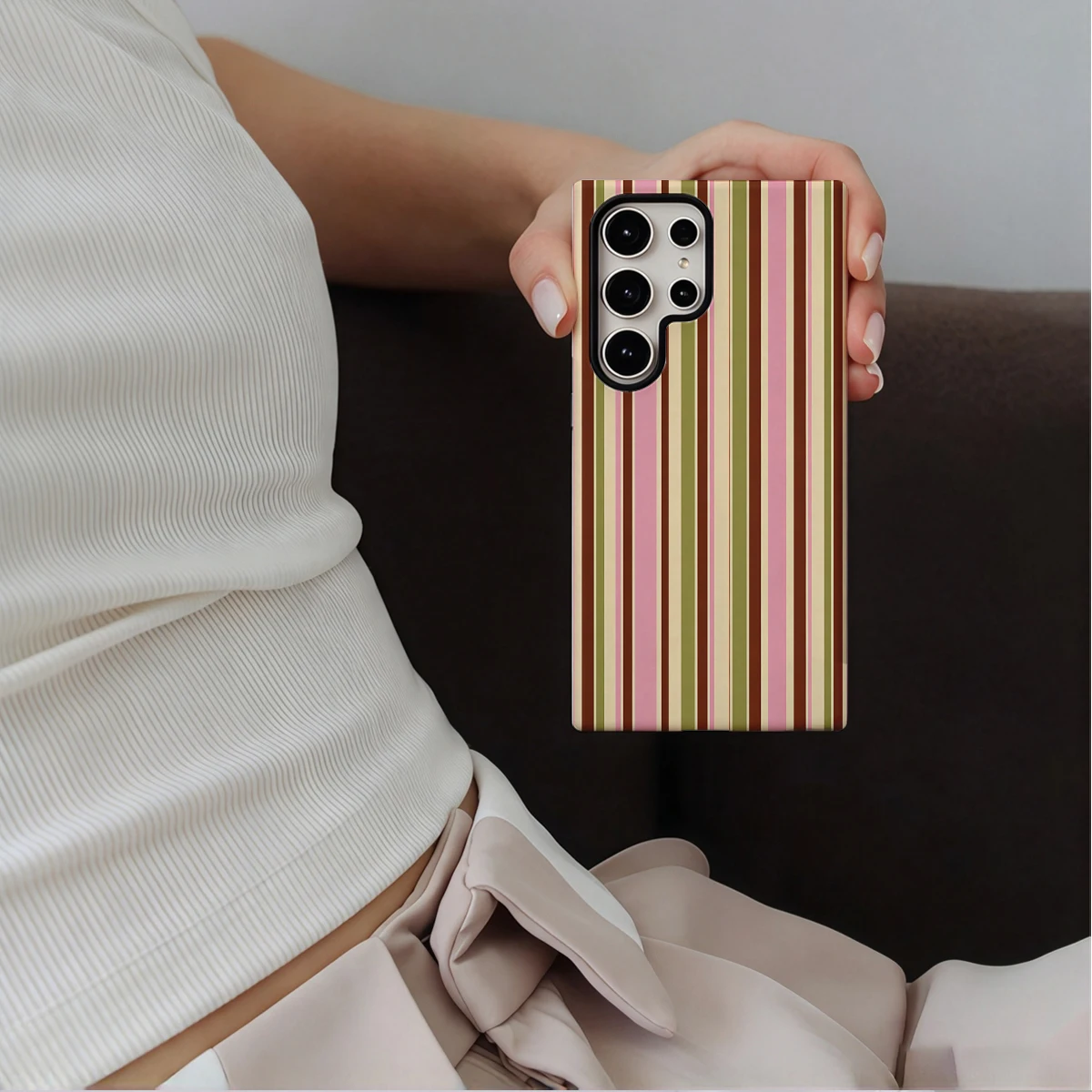 Pink Brown Green Stripes Phone Case For Samsung Galaxy S26 S25 Ultra S24 S23 Plus Hard Shock‑Absorption 2-in-1Protective Cover