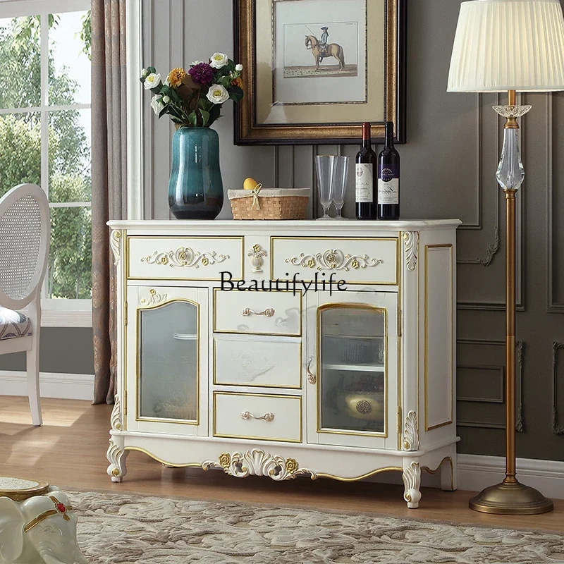 

yj5Solid Wood Sideboard White Marble Top Storage Display Wine Cabinet Glass Vintage
