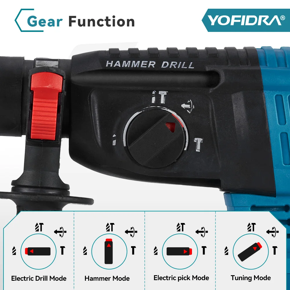 YOFIDRA 26mm Cylinder Brushless Motor Electric Hammer Drill with Drill Bits.for Makita 18V Battery Cordless Impact Rotary Drill