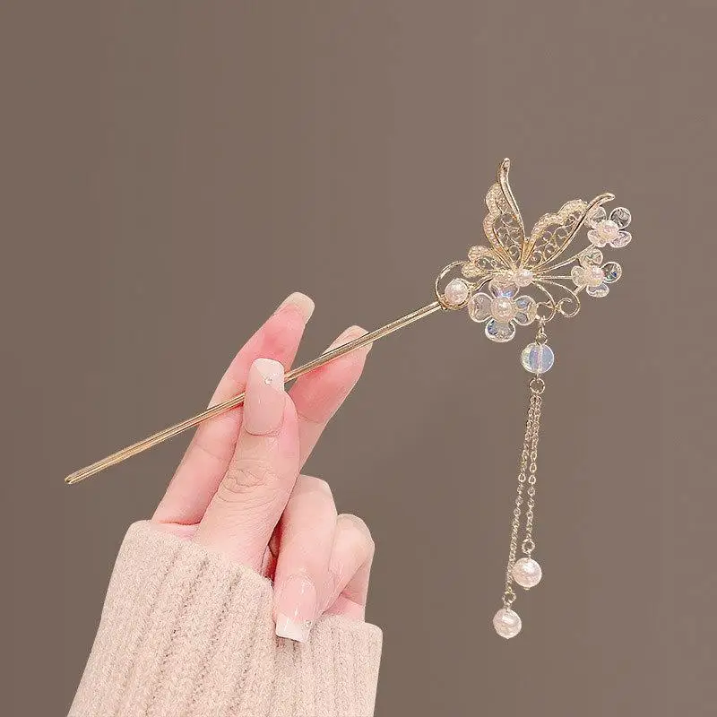 Fashion Butterfly Flower Imitation Pearl Tassel Hair Stick for Women Vintage Hairpins Hair Accessories Jewelry