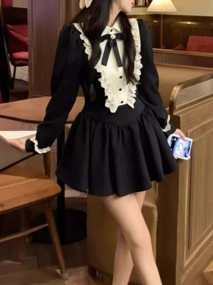 الخريف النمط الفرنسي الوردي كم طويل حفلة ميدي الجنية الحلو القوس فستان بيتر بان طوق المرأة المرقعة الدانتيل مطوي فساتين صغيرة