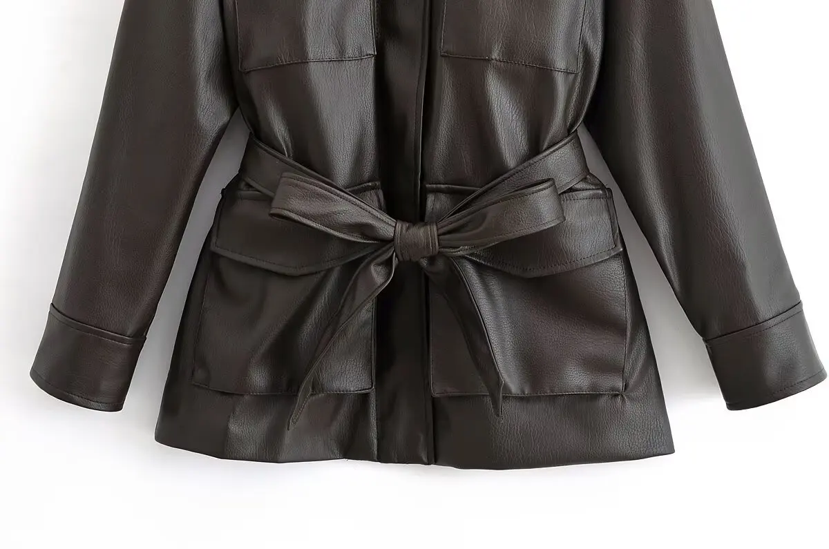 سترة جلدية مزينة بحزام وياقة مقلوبة للسيدات جديدة لعام 2025، قهوة سوداء، خيارات لونين، تصميم بقصة ضيقة #5