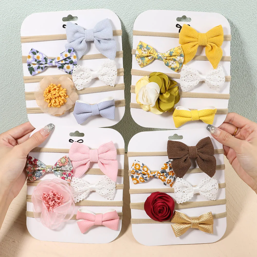 5Pcs/Set Baby Bows Headband Lace Flower Print Nylon Cotton Hair Bands for Girls Children Newborn Toddler Soft Hair Accessories