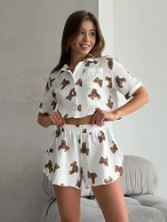 Marthaqiqi Printing Female Pajama Set Short Sleeve Pyjamas Turn-Down Collar Nightie Crop Top Sleepwear Shorts Women Home Clothes