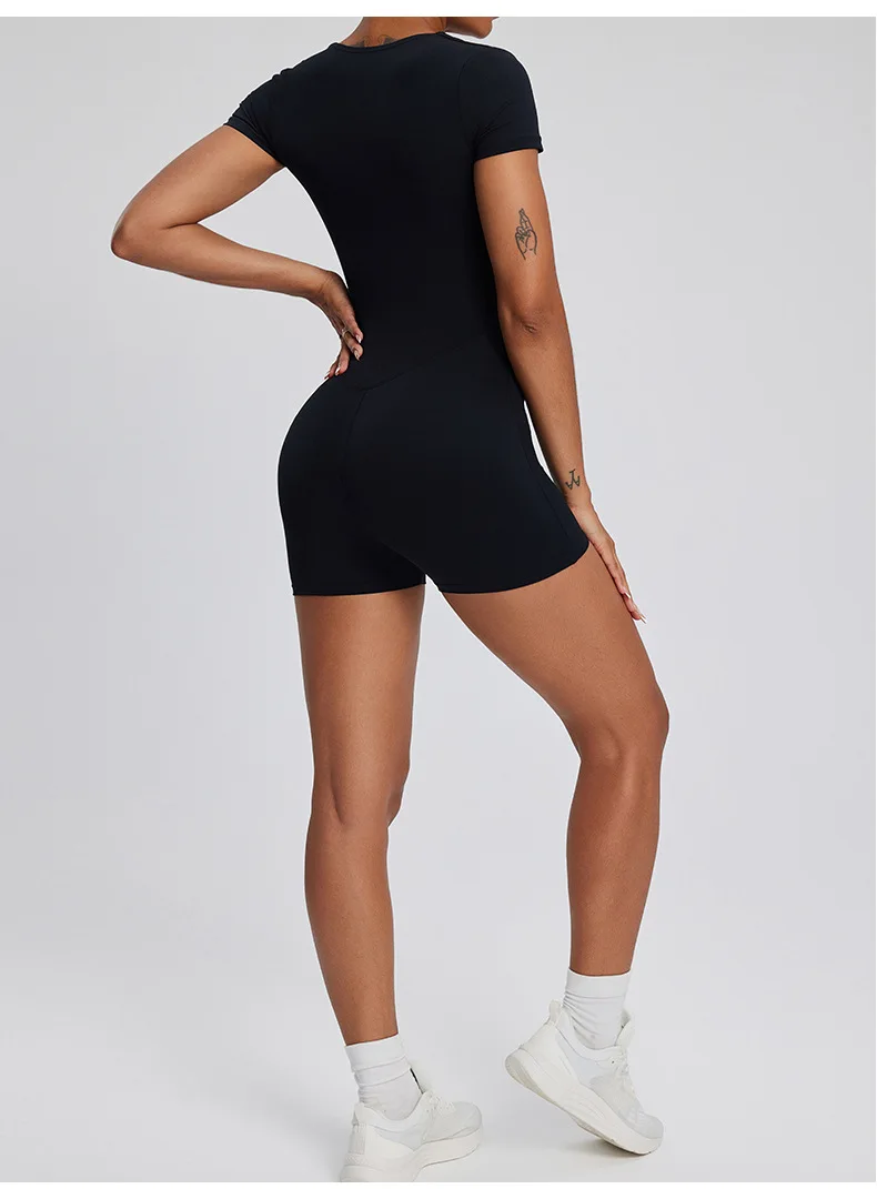 Combinaison de fitness pour femme à col carré gothique, séchage rapide, manches courtes élastiques et coussinets de poitrine intégrés