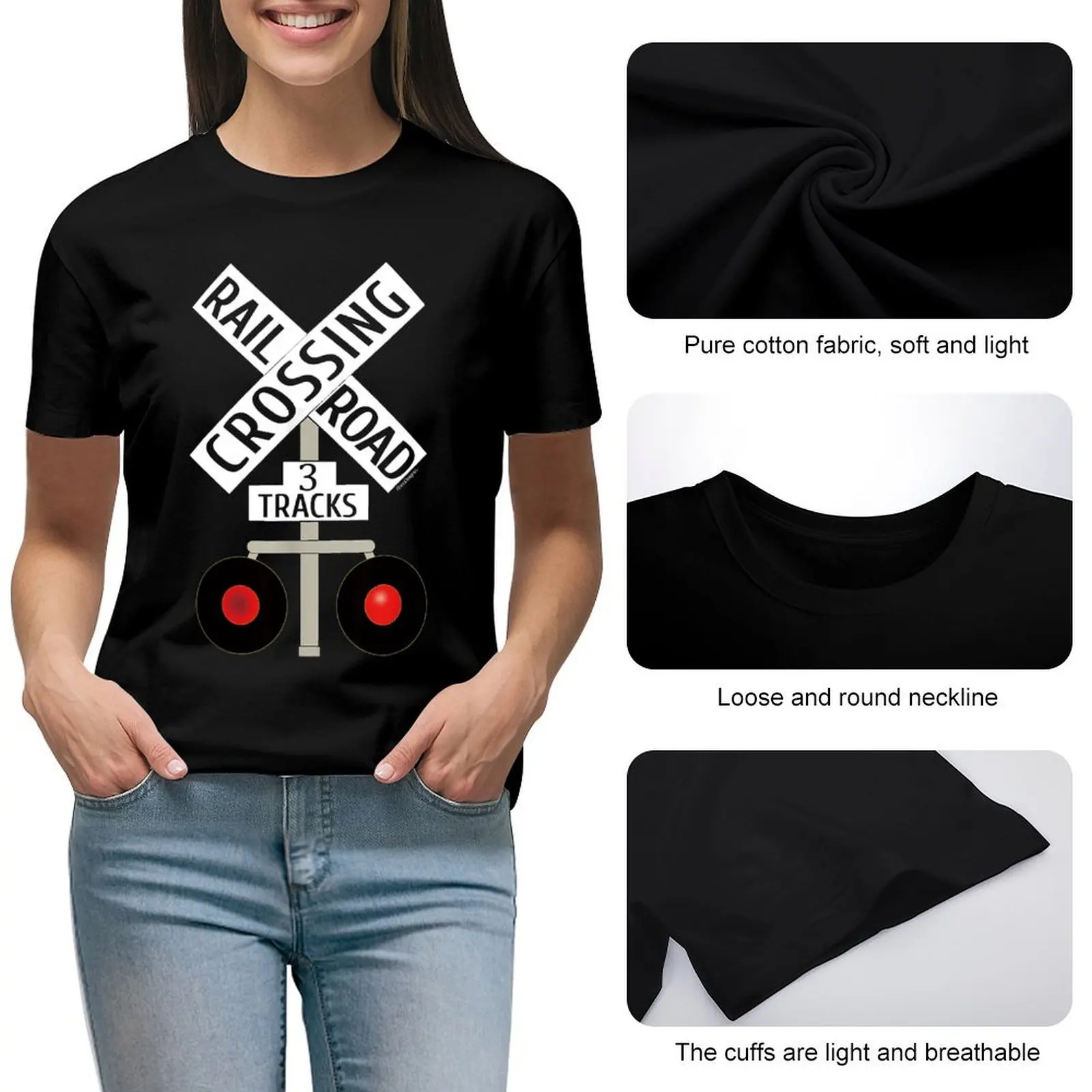 Train Railroad Crossing Lights 3 tracks road sign Women Shirt Graphic Shirt Casual Short Sleeved Female Tee T-Shirt Size S-4XL