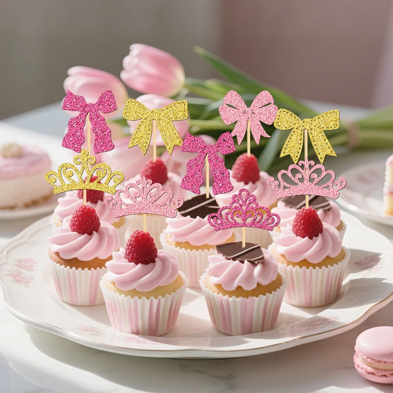 YOMDID 24 Stück elegante Cupcake-Topper, Krone und Schleife, Kuchendekoration, Prinzessin Cupcake-Picks für Geburtstag, Hochzeit, Kuchendekorationen – Detail 1