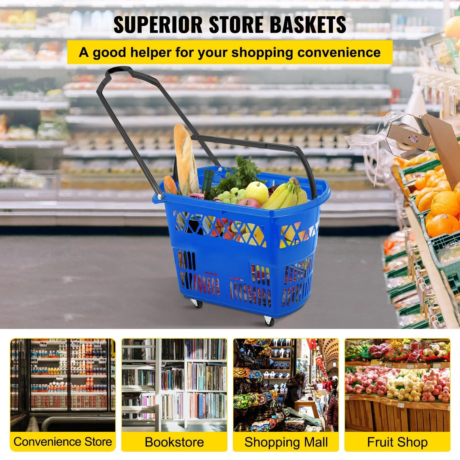 6PCS Shopping Carts, Blue Shopping Baskets with Handles, Plastic Rolling Shopping Basket with Wheels, Portable Shopping Basket