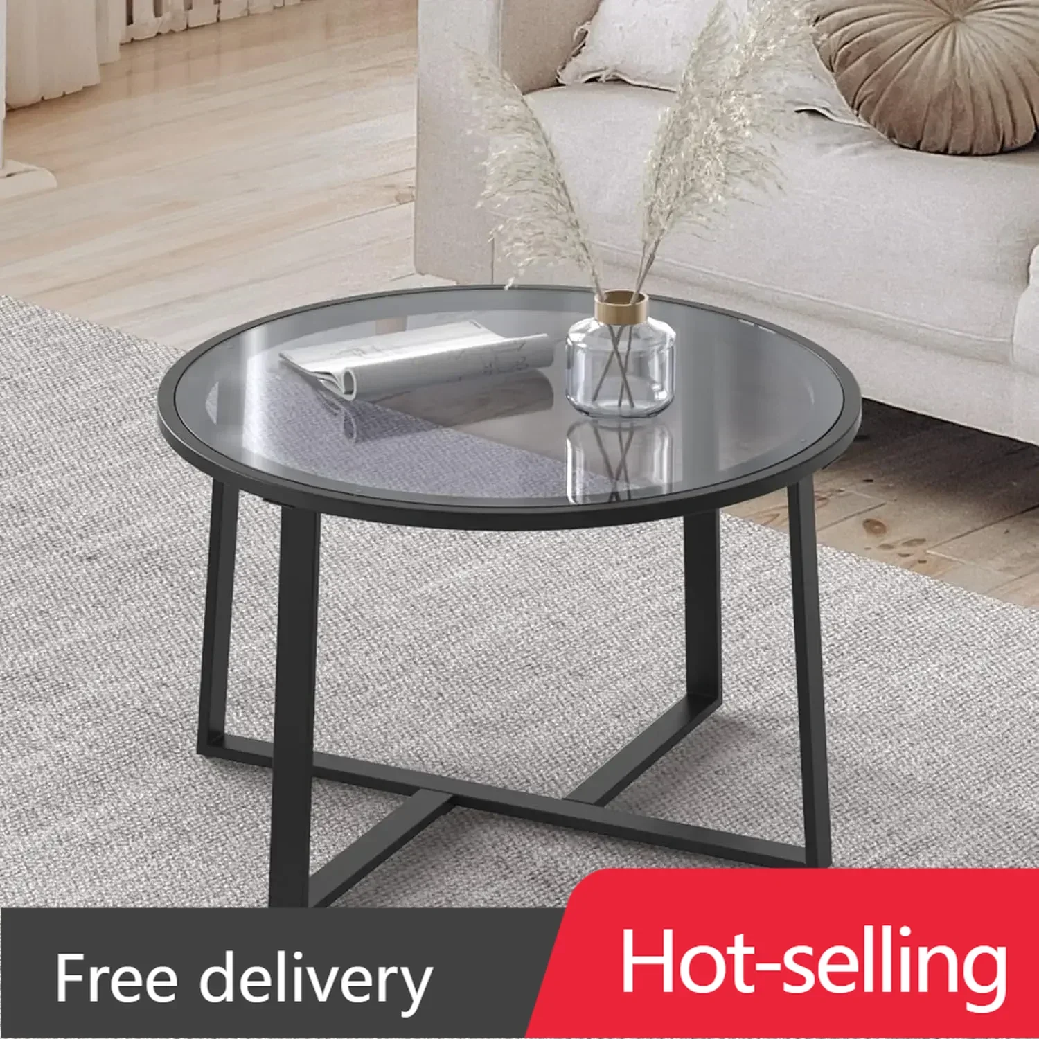 

Coffee Table, 27.6" Round Coffee Table with Tempered Glass Surface, Center Table for Living Room, Dining Room, Tea,